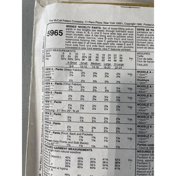 90s McCalls 5965 Misses Novelty Loose Pants Sewing Pattern Size 14 & 16 CUT - Picture 5 of 6